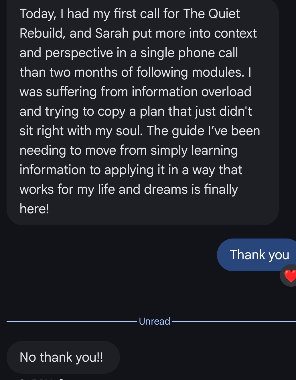 Client testimonial sharing how one call with The Quiet Rebuild provided more clarity than two months of following modules